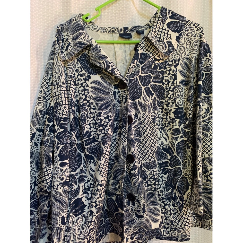 Westbound Woman 3X Navy Blue White Batik Floral Cotton Button Front Jacket Shirt